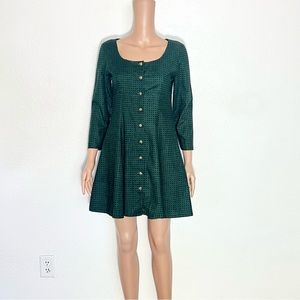 Vintage Handmade Green Houndstooth Long Sleeve Fit & Flare Dress M